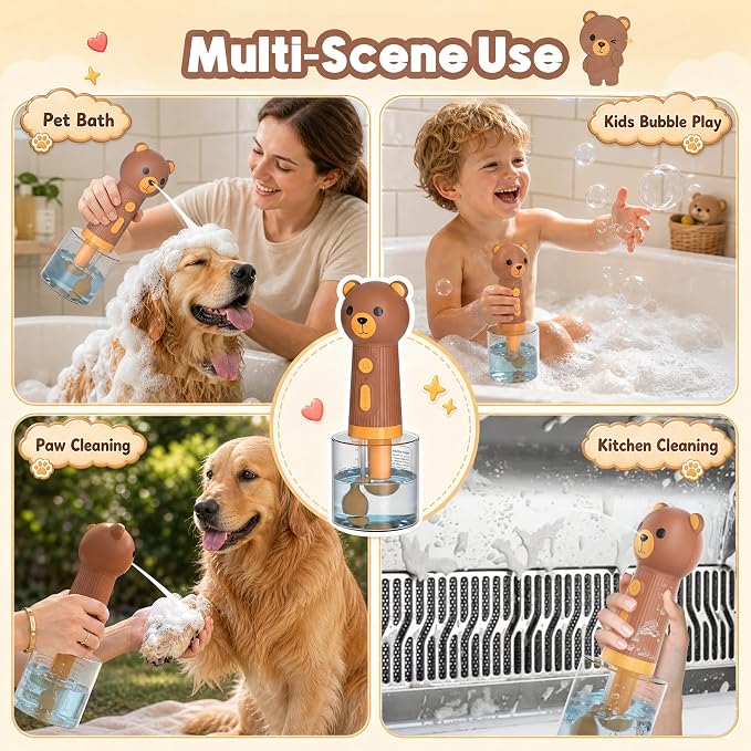 Dog Foam Maker, Rechargeable Pet Bath Foam Dispenser Cartoon Bear 400ml Soap Sprayer with 1200mAh Battery, IPX7 Waterproof Dog Shampoo Frother for Gentle Cleaning, Multi-Use for Home & Outdoor, Brown