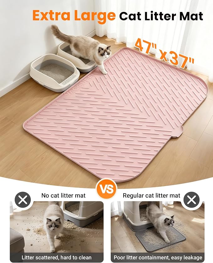 Cat Litter Mat, 47"x37" Extra Large Litter Box Mat, Silicone Mat, Pink | Waterproof Litter Trapping Mat for Scatter Control, Soft on Cat Paws Non-Slip Easy to Clean