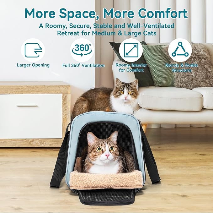 PETSFIT Large Cat Car Carrier with Patented Safety Buckles(19 x 12 x 12) – Roomy Escape-Proof for Safe Driving, Lockable Zippers & Safety Tether, Soft-Sided Travel Carrier for Road Trips & Vet Visits