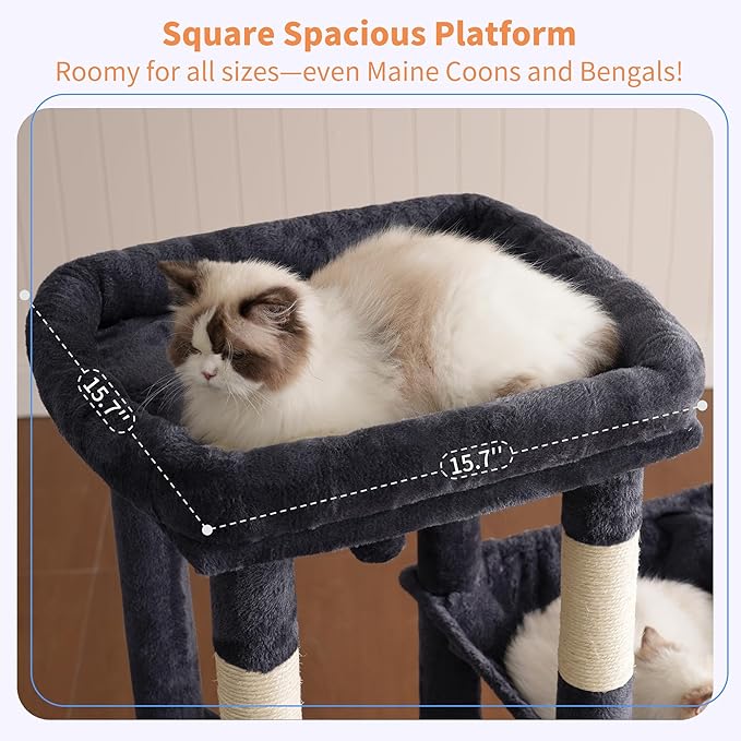 Heybly Heavy Duty Cat Tree with Large Base for Large Indoor Cats HCT026G | Cat Tower with Scratching Posts, Tall Cat Condo House , Multi-Level Plush Furniture with Hammock & Toy Balls, Smoky Gray