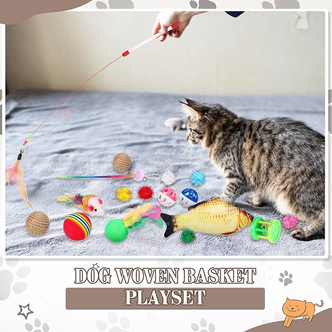 Zopeal 76 Pcs Cat Storage Basket Gift Toys Set Interactive Cat Toys Kitten Wand Colorful Flashing Balls Pet Crinkle Balls Attract Kitten to Swat, Hunt for Pet Indoor(Brown)