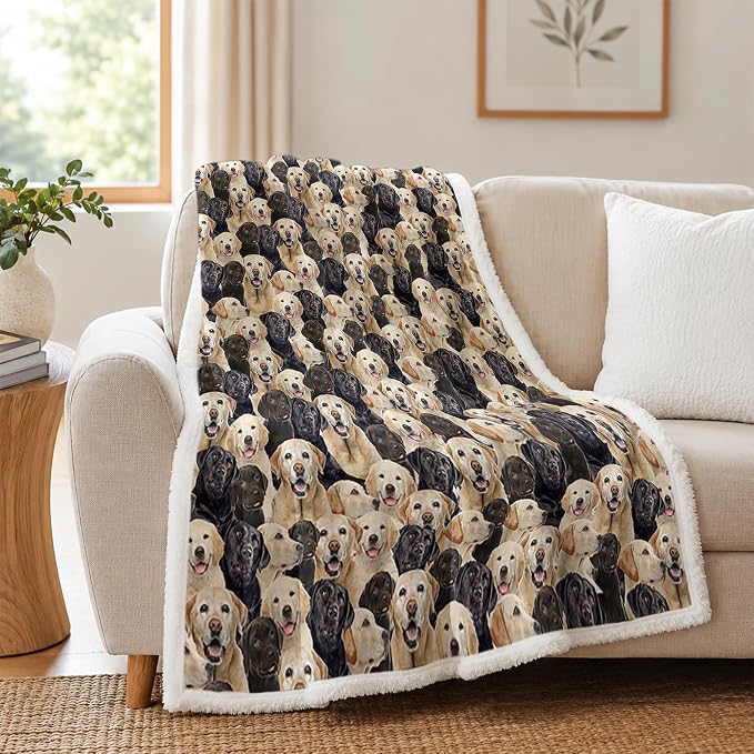 BlessLiving Throw Blanket, Dog Black Animal Puppy, 60x80 in | sherpa fleece fabric, Labrador Retriever Dense Golden Pet Blankets print, for couch or sofa, pet lovers, easy machine care