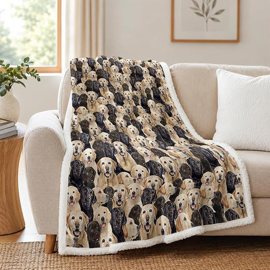 BlessLiving Throw Blanket, Dog Black Animal Puppy, 60x80 in | sherpa fleece fabric, Labrador Retriever Dense Golden Pet Blankets print, for couch or sofa, pet lovers, easy machine care