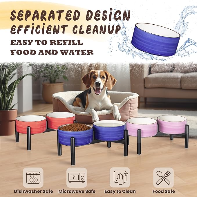 Ceramic Elevated Dog Bowl Set, 6.1''Raised Dog Food and Water Bowl Set with Non-Slip Stainless Steel Stand, Double Raised Dish for Small and Medium Breed, 3.5 Cups / 22 Fl Oz, Red