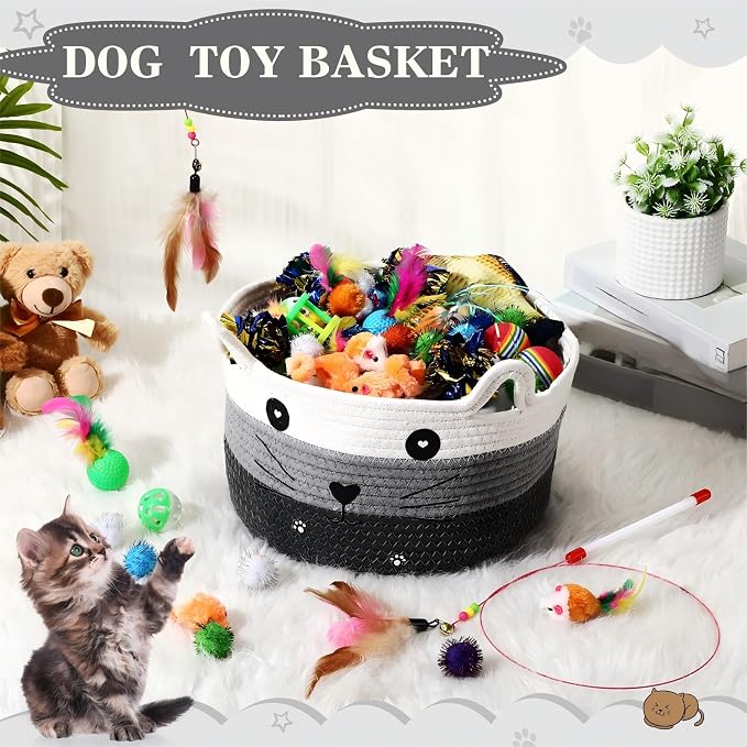 Zopeal 76 Pcs Cat Storage Basket Gift Toys Set Interactive Cat Toys Kitten Wand Colorful Flashing Balls Pet Crinkle Balls Attract Kitten to Swat, Hunt for Pet Indoor(Grey)