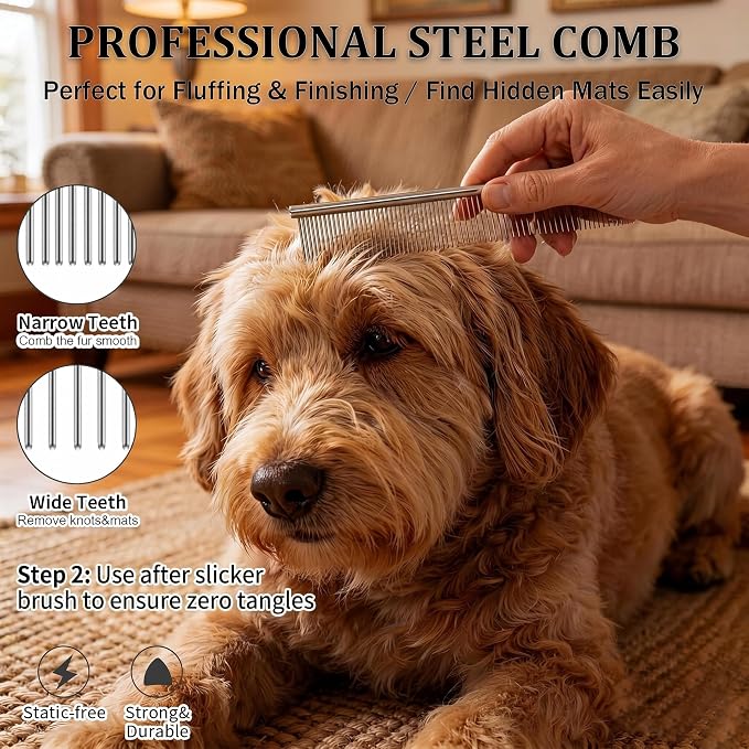 Slicker Brush for Dogs, Professional Dog Grooming Brush Kit 4PCS | Doodles Brush for Goldendoodles Poodles, Long Pin Haired Brush, Easy to Daily Detangling to Prevent Matting
