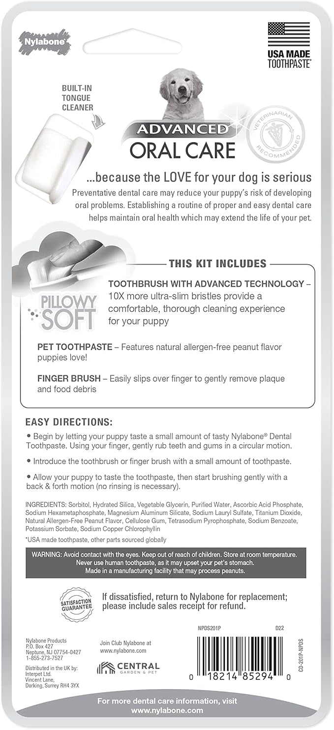 Nylabone Advanced Oral Care Puppy Dental Kit with Pillowy Soft-Bristle Toothbrush Peanut Butter (3 Count)