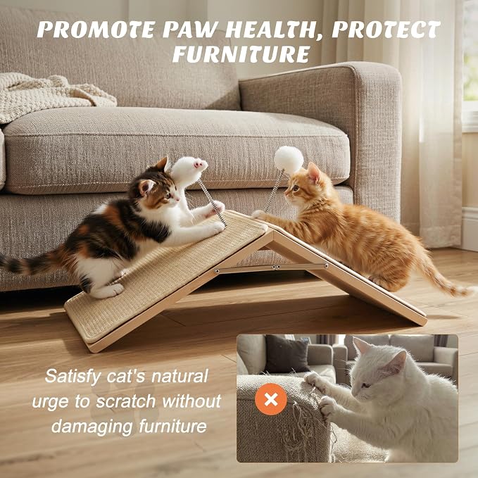 Cat Scratcher, Cat Sisal Scratching Ramp, Foldable Wooden Scratching Board with 2 Spring Plush Toys, Triangle Kitten Ramp Protect Furniture, Solid Non-Slip Scratch Pad for Indoor Multiple Pets
