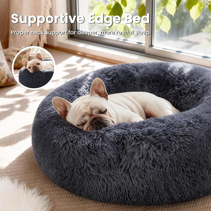 Love's cabin Calming Cat Bed for Indoor Cats, Anti-Anxiety Donut Round Dog Bed, Fluffy Faux Fur Washable Pet Bed for Small Medium Dogs and Cats, Bluish Grey, 20in