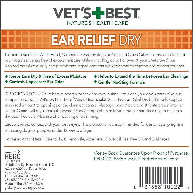 Vet's Best Dry Ear Relief for Dogs, No-Alcohol, for All Dogs, Aloe 4 oz | Fight Dry Ears, Relieve Dry Discomfort & Odors, Supports Healthy Ears, Gentle Daily Cleansing Ear Care for Dogs