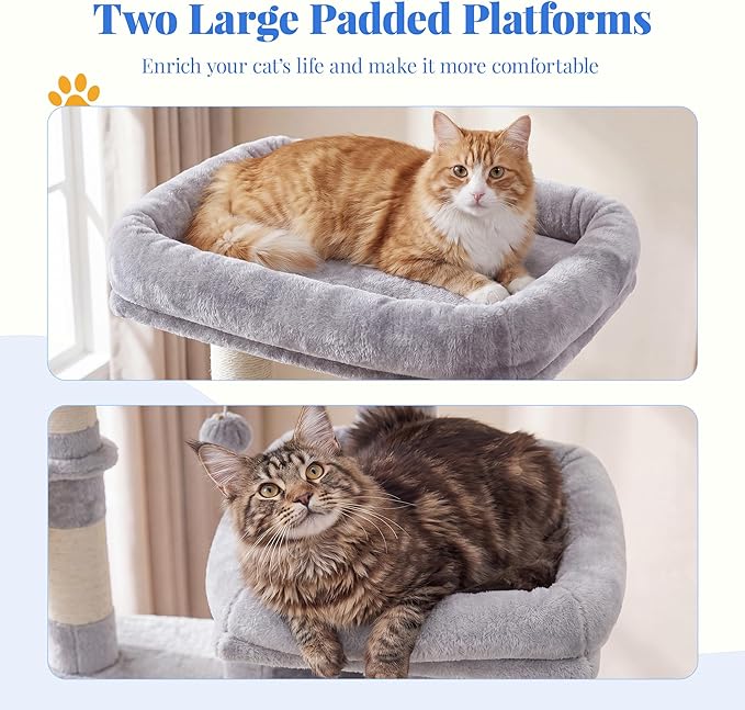 Hey-brother Cat Tree, Multi-Level Tower with 3 Condos, Hairbrush, MPJ035-MW | 74 Inches XL Large Scratching Posts for Indoor Cats and Kittens, 2 Wide Platforms, 2 Plush Baskets, Toy Balls, Light Gray