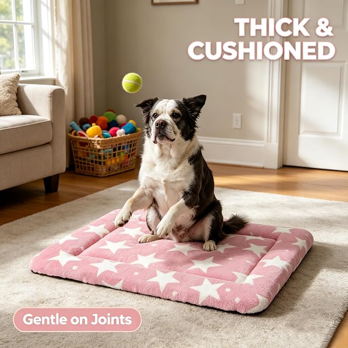 Dog Bed Mat,Reversible & Ultra Soft Kennel Pad-Machine Washable Pet Bed for Dogs & Cats-All-Weather Crate Liner for Crates,Carriers & Travel (Big Star&Pink, 35.0" L x 23.0" W x 1.5" Th)