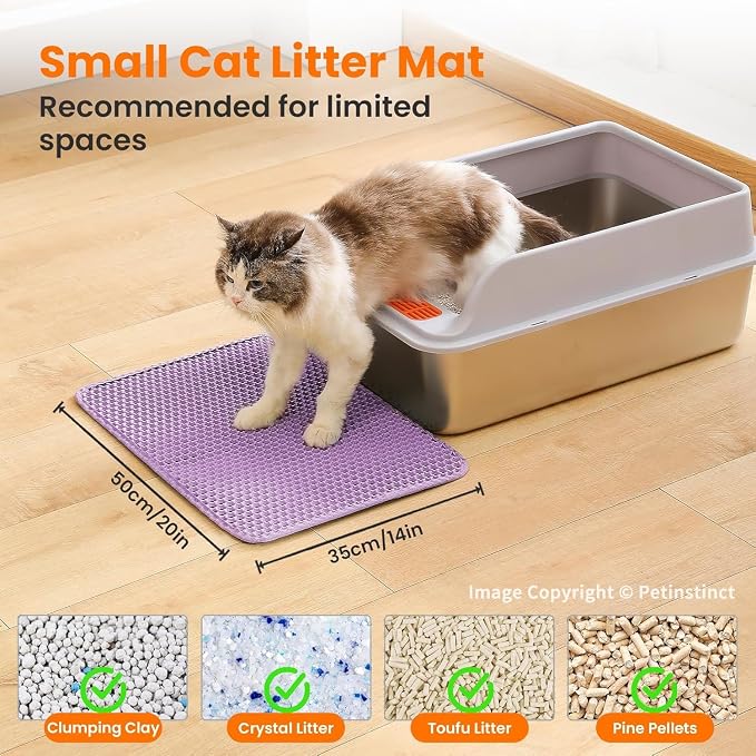 Small Cat Litter Mat, Double Layer Honeycomb Litter Box Mat | 20x14”, Reduces Litter Tracking, Waterproof, Non-Slip, Soft on Paws, Scratch Resistant, Easy to Clean, Purple