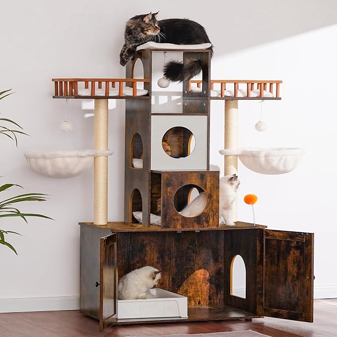 Heybly Cat Tree with Litter Box Enclosure for Indoor Big Cat HCT110SR | Cat Tower for Large Cats 20 lbs Heavy Duty, Modern Cat Condo Furniture with Scratching Posts, Rustic Brown