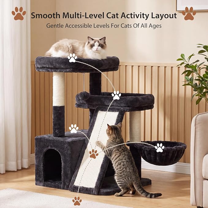 Heybly Compact Cat Tree with Big Scratcher, Stable Cat Tower HCT206SG | 27.2" Cat Furniture with 2 Top Perches, Floor Cat Condo, Cozy Hammock, Space-Saving Cat Activity Center, Smoky Gray