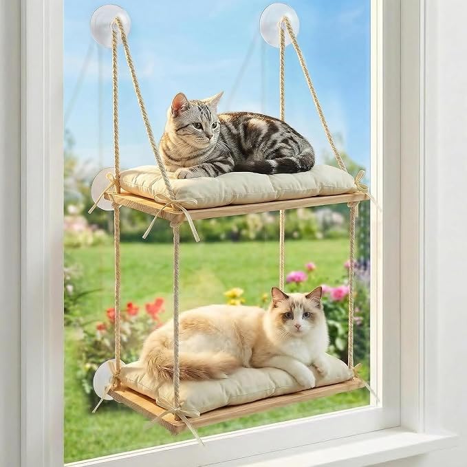Cat Window Perch Wooden Cat Hammock Double Tier 8 Heavy-Duty Suction Cups | Dual-Tier, 50 LBS, Solid Pine Wood Platform, Washable Cushion, Tool-Free Installation, Space-Saving Comfort