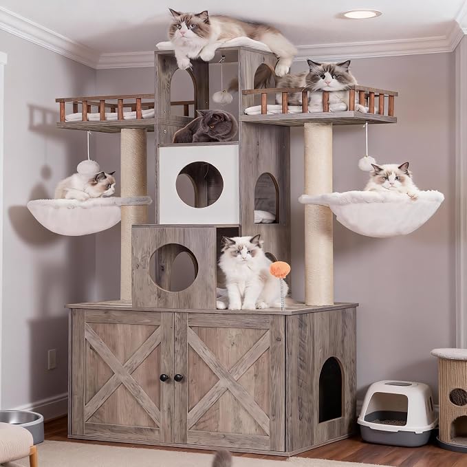 Heybly Cat Tree with Litter Box Enclosure for Indoor Big Cat HCT110SG | Cat Tower for Large Cats 20 lbs Heavy Duty, Modern Cat Condo Furniture with Scratching Posts, Rustic Gray