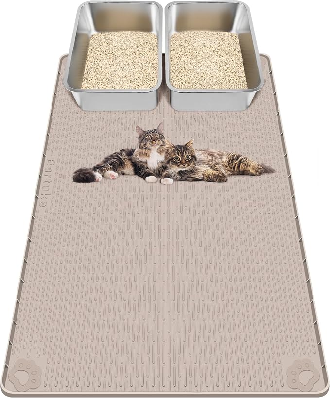 Kalolary Cat Litter Mats,40"x28"Extra Large Silicone Cat Mat for Litter Box | Easy to Clean Kitty Litter Trapping Mat, Soft on Kitty Paws, Waterproof, Urine-Proof Kittys Litter Mats for Floor,Khaki