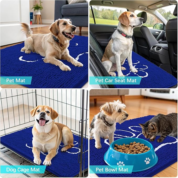 OLANLY Dog Door Mat for Muddy Paws 30x20, Paw Print Design Chenille Mud Mat | Royal Blue, Absorbent, Traps Moisture and Dirt, Non-Slip Washable Doormat, Quick-Drying Indoor Entryway Floor Carpet for Dogs