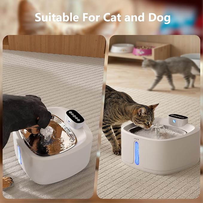 Automatic Cat Water Fountain, Wireless Pet Water Fountain with Stainless Steel Tray & BPA-Free Body, Ultra Quiet Pump, Motion Sensor, Easy to Clean, 3.2L/108oz for Multiple Cats & Small Dogs