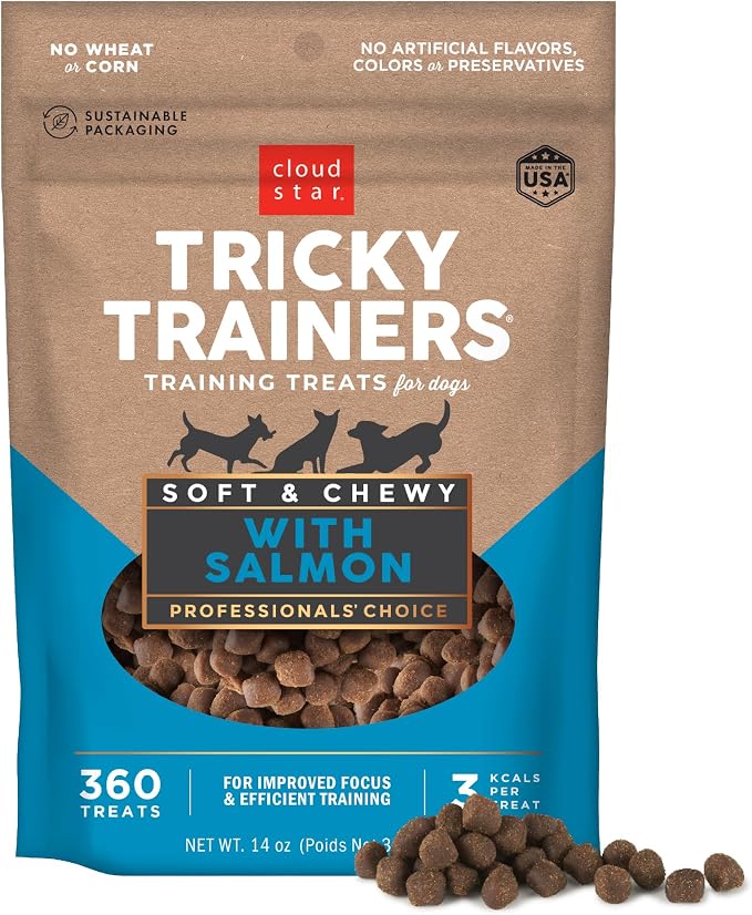 Cloud Star Tricky Trainers Dog Training Treats Soft & Chewy Salmon, 14 oz | Salmon Flavor, Low Calorie Reward for Dogs, Behavior Aid Support, 360 Treats Per Bag, Made with Real Salmon, 3 calorie