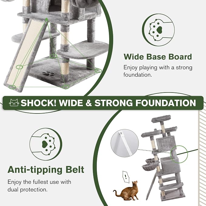 68 Inches Multi-Level Large Cat Tree for Large Kitties/Big Cat Tower with Condo/Cozy Plush Perches/Sisal Scratching Posts and Hammocks/ ‌Feline Activity Center Play House/Grey