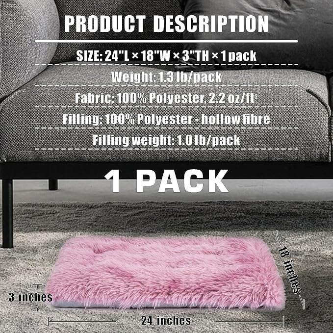 Machine Washable Dog Bed, Deluxe Plush Dog Crate Pad and Cat Bed, Anti-Slip Bottom Kennel Pad Mat, Fuzzy Pet Beds for Large, Medium, Small Dogs Breeds (Pink Mauve, 24.0"L x 18.0"W x 3.0"Th x 1 PACK)