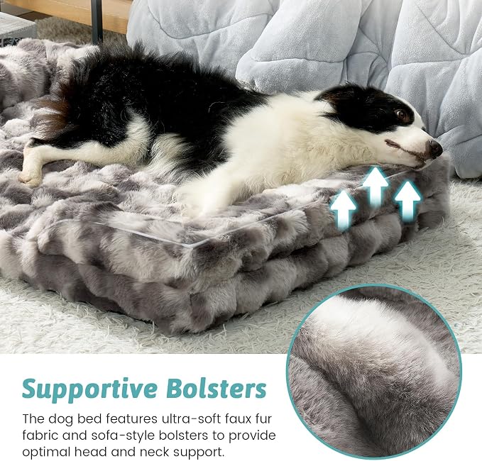 COZY KISS Orthopedic Dog Bed for Extra Large Dog 44x32 inch, XL Faux Fur Pet Sofa, Bolster Foam Bed with Sides, Non-Slip and Egg-Crate Big Dog Couch Bed with Washable Removable Cover, Tie Dye Grey