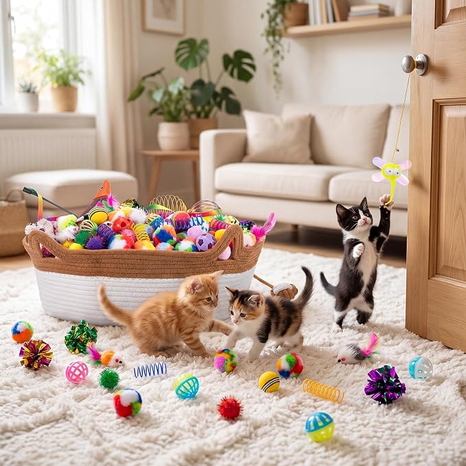 Leitee 19.2" X 6" 100 Pcs Cat Bed Storage Basket Gift Cat Variety Toys Set Cotton Rope Basket, Fish Mice Pet Bell Colorful Crinkle Balls Spring Toy for Kitten Swat Interactive (Retro,White,Khaki)
