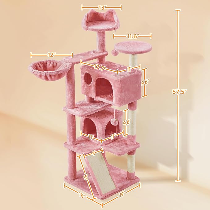 Topeakmart 57 inches Multi-Level Cat Tree Cat Condo with Scratching Posts Kittens Activity Tower Pet Play House Furniture, Pink | Easy to assemble, a great first cat tree with perches, hammock and anti-tip strap, ideal for small to medium cats, pink