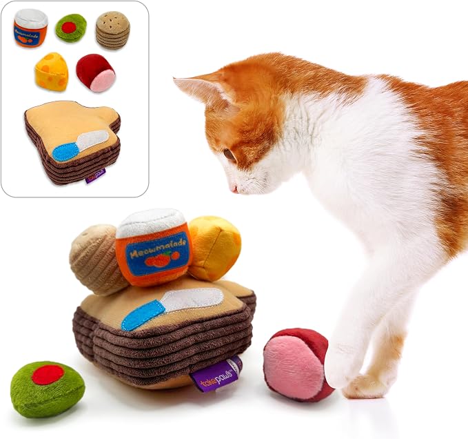 Pounce & Purr Charcuterie Cat Toy Set with Catnip & Silvervine 6-Piece Plush Cat Toys for Indoor Cats, Kitten Chew Toy, Kicker & Unique Cat Gift - Cheese Board Playset