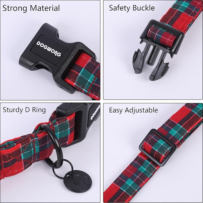 DOGWONG Christmas Cotton Dog Collar, Red Green Tartan Christmas Dog Collar Durable Soft Fabric Pet Dog Collars Cute Red Green Plaid Puppy Necklace for Small Dogs