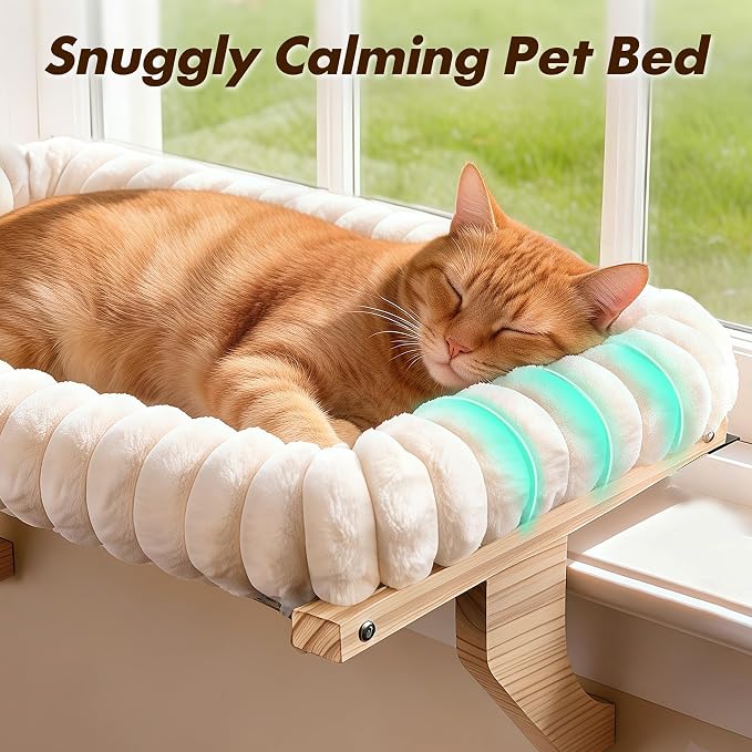 Zoratoo Cloud-Soft Wooden Cat Window Sill Perch with Zipper Cushion,M White | 21.7’’x18’’, Removable for Machine Wash, Fluffy Plush Bolster, Sturdy Metal Frame for Large Cats up to 40lbs, Easy to Adjust