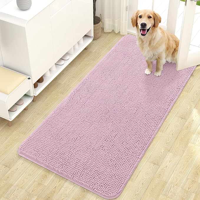 OLANLY Dog Door Mat for Muddy Paws 47x24, Super Absorbent Chenille Mud Mat | Dusty Rose, Absorbs Moisture and Dirt, Non-Slip Machine Washable Doormat, Quick-Drying Indoor Entryway Floor Carpet for Dogs