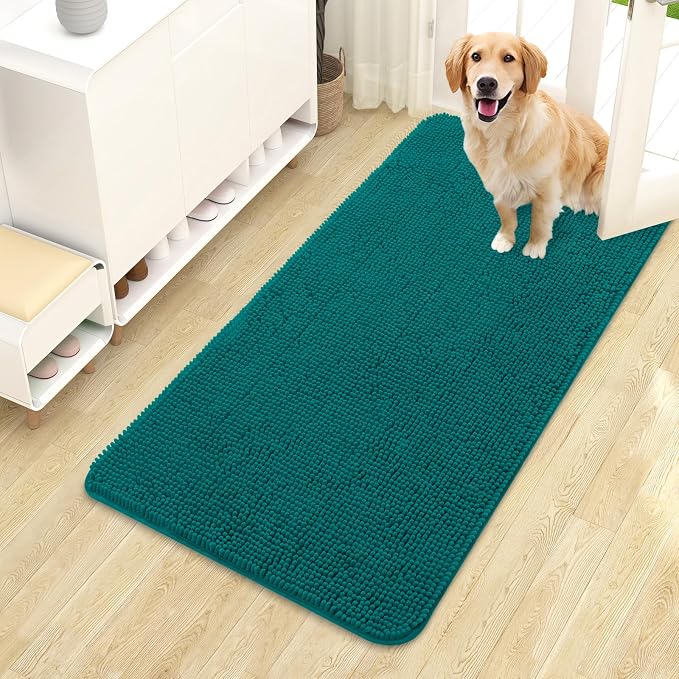 OLANLY Dog Door Mat for Muddy Paws 44x24, Super Absorbent Chenille Mud Mat | Lake Blue, Absorbs Moisture and Dirt, Non-Slip Machine Washable Doormat, Quick-Drying Indoor Entryway Floor Carpet for Dogs
