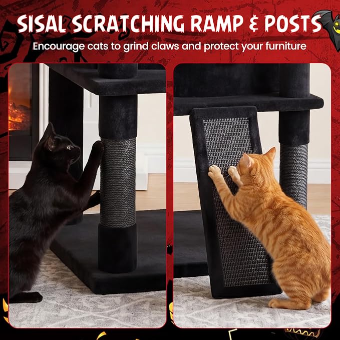50-inch Gothic Cat Tree, Multi-Level Black Cat Tower | | Robust Scratching Posts | Coffin Bed | Castle-Shaped Comfy Cat Condo | Spider-Shaped Hanging Toy | Scratching Ladder |