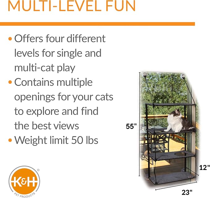 K&H Cat Window Perch, EZ Mount Quad Stack for Large Cats, 23x12in | Sturdy Cat Window Hammock Bed, Steel Frame, Suction Cups, 4 Washable Shelf Covers, Foldable, Fits 27in W X 59in H Glass