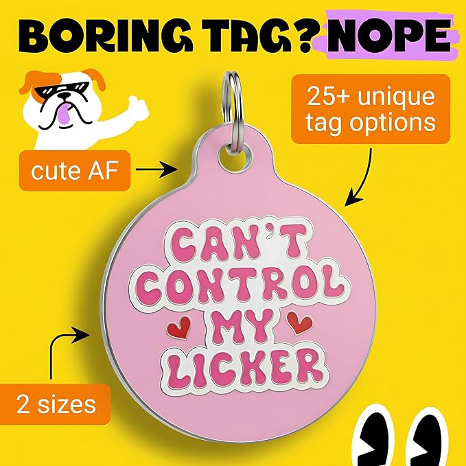Bad Tags Personalized Dog and Cat ID Tags in 25+ Designs and 2 Sizes - 5 Lines of Custom Engraved Text - Funny Cute Personalized Pet Tags (Can't Control My Licker - Pink, Small (1 inch))