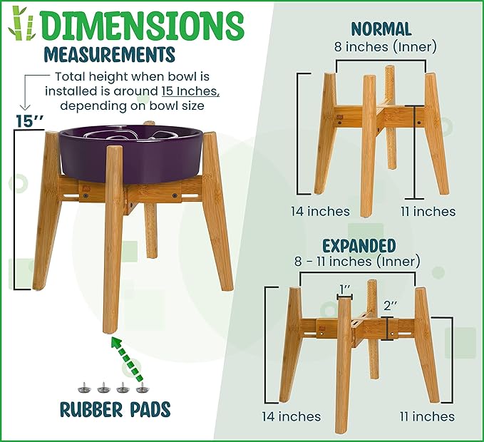 Dog Bowl Stand for Large Dogs - Adjustable, Bamboo | Use to Elevate, Raise Pet Food Water and Slow Feeder Bowls, Expandable with Locking Option, Non-Slip Feet, Stand Only