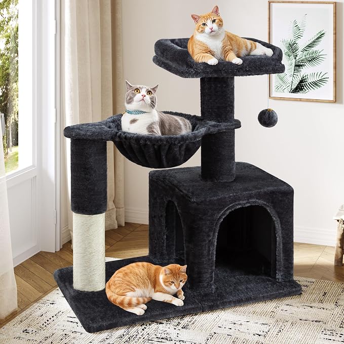 Allewie 29.5in Indoor Cat Tree, Multi-Level Cat Tower with Sisal Scratching Posts, Padded Perch, Basket, Condo, and Hanging Ball, Suitable for Kittens and Adult Felines,Dark Grey