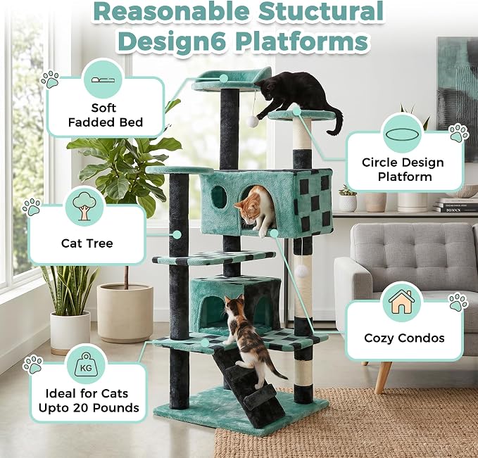 54in Cat Tree Tower for Indoor Cats Multi-Level Cat Condo Cat Bed Furniture with Scratching Post Kittens Activity Center (Green)