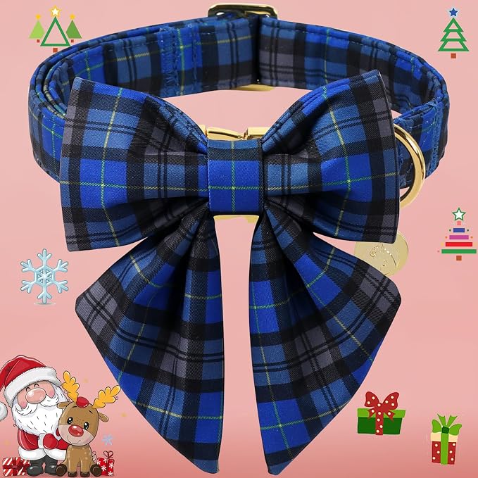 DOGWONG Christmas Dog Collar with Sailor Bow Tie, Blue Plaid Dog Collar Durable Metal Buckle Adjustable Blue Grid Dogs Collars for Medium Large Dogs, L