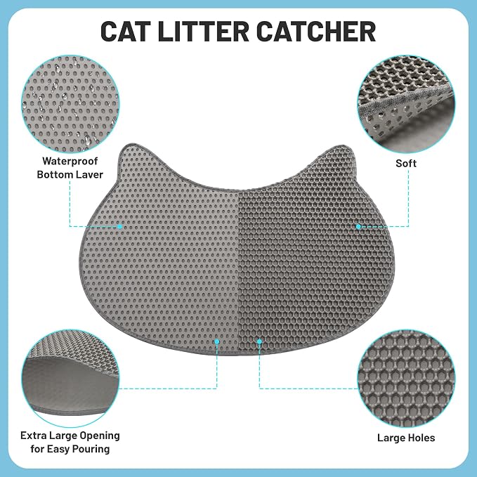 Eggloa6 Kitty Head Cat Litter Mat, Waterproof Double Layer Litter Trapping Mat for Felines, Soft EVA Honeycomb, Easy to Clean, Dark Gray