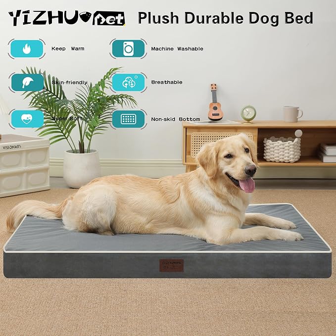 Orthopedic Dog Bed,Big XL Sized Dog 42''X30''x4'' Soft Waterproof Egg Foam Pet Crate Beds Mat or Kennel Pads with Removable Washable Cover,Non-Slip Bottom,Dark Grey