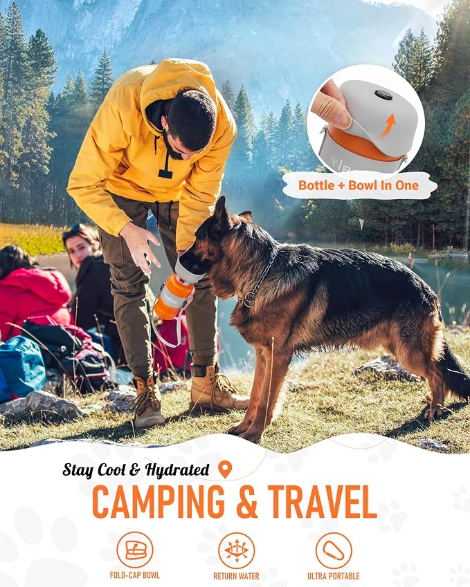 lesotc Dog Water Bottle Portable, 28oz Portable Dog Water Bottle with Bowl, Leak Proof Travel Bowl Dispenser for Dogs, One-Hand Squeeze Puppy Essentials for Walking, Hiking, Camping