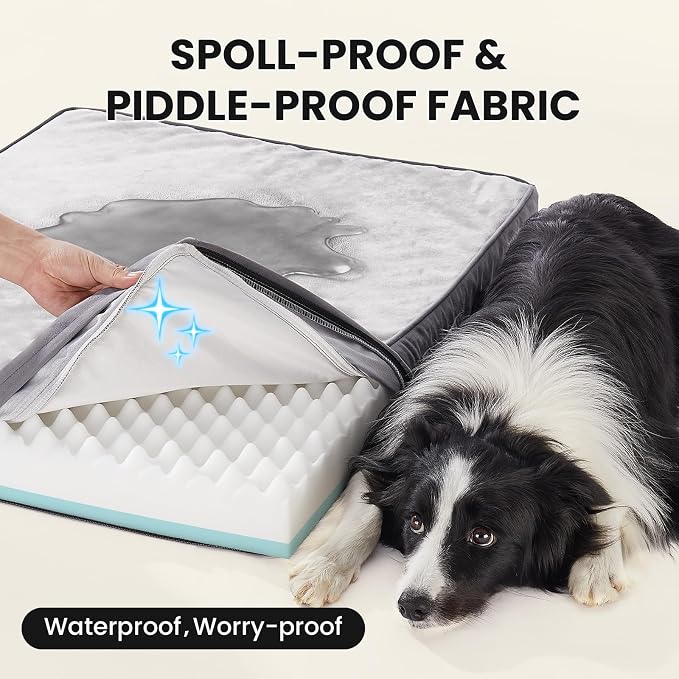OhGeni Orthopedic Waterproof Dog Bed for Medium Large Dogs, Machine-Washable Removable Cover in Easy-Clean Fabric, Reversible Memory Foam & Easy-Carry Handle, Wider and Larger, 36 inch (Gray)