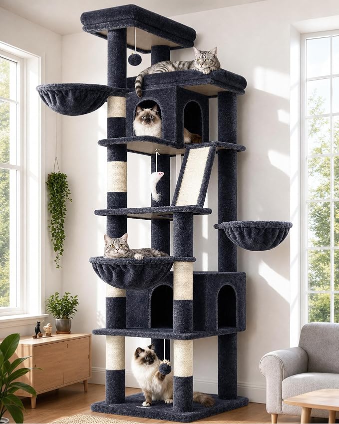 Globlazer 80in XXL Extra Large Corner Cat Tree Tower S80G, Dark Grey | Cat Condo For Indoor Cats Large Adult & Kitten, Scratching Posts & Board, Cozy Caves, Widened Perches, Adjustable Baskets
