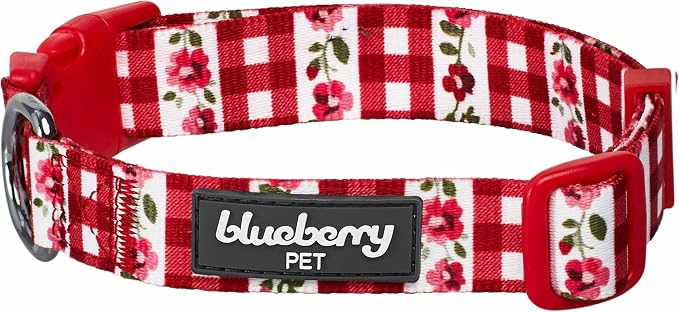 Blueberry Pet Spring Scent Inspired Dainty Flower Dog Collar, Red Check, Adjustable Dog Collar for Large Dogs, Size Large, Neck 18-26"