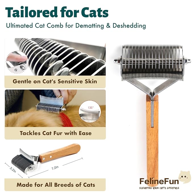 FelineFun Cat Brush for Dematting & Deshedding, 2 in 1 Undercoat Rake, Efficiently Remove Loose Hair & Matted Fur, Professional Shedding Comb for Indoor Cats & Long Haired Cats | Dual-sided undercoat rake helps remove loose hair, tangles, and light to ...