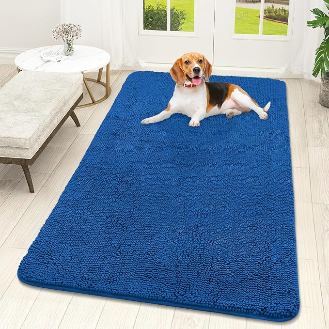OLANLY Dog Door Mat for Muddy Paws 59x32, Super Absorbent Chenille Mud Mat | Deep Navy Blue, Absorbs Moisture and Dirt, Non-Slip Machine Washable Doormat, Quick-Dry Indoor Entryway Floor Carpet for Dogs